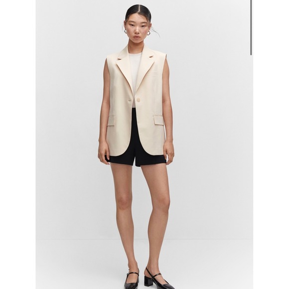 MNG Mango Women's Large Beige Sleeveless Blazer Vest Long Waistcoat New Career - Picture 1 of 15
